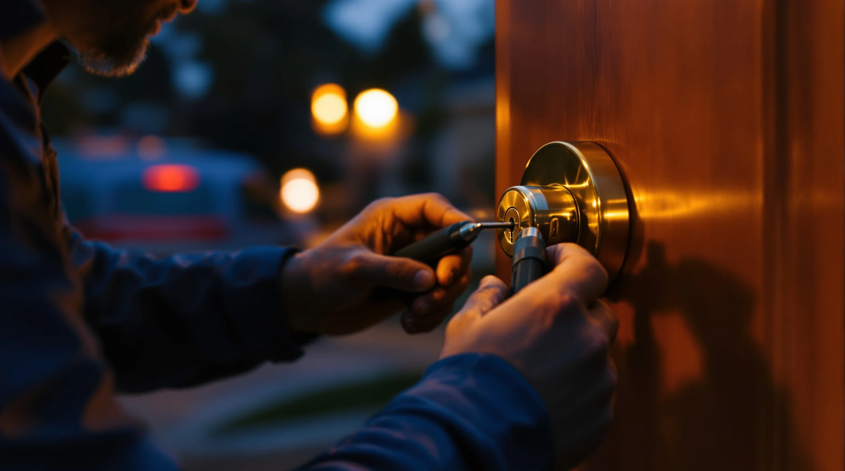 Denver Emergency Locksmith — 24/7 Residential Lockout & Door Unlocking Services Emergency residential locksmith in Denver Colorado performing a home lockout service at night with professional lock picking tools