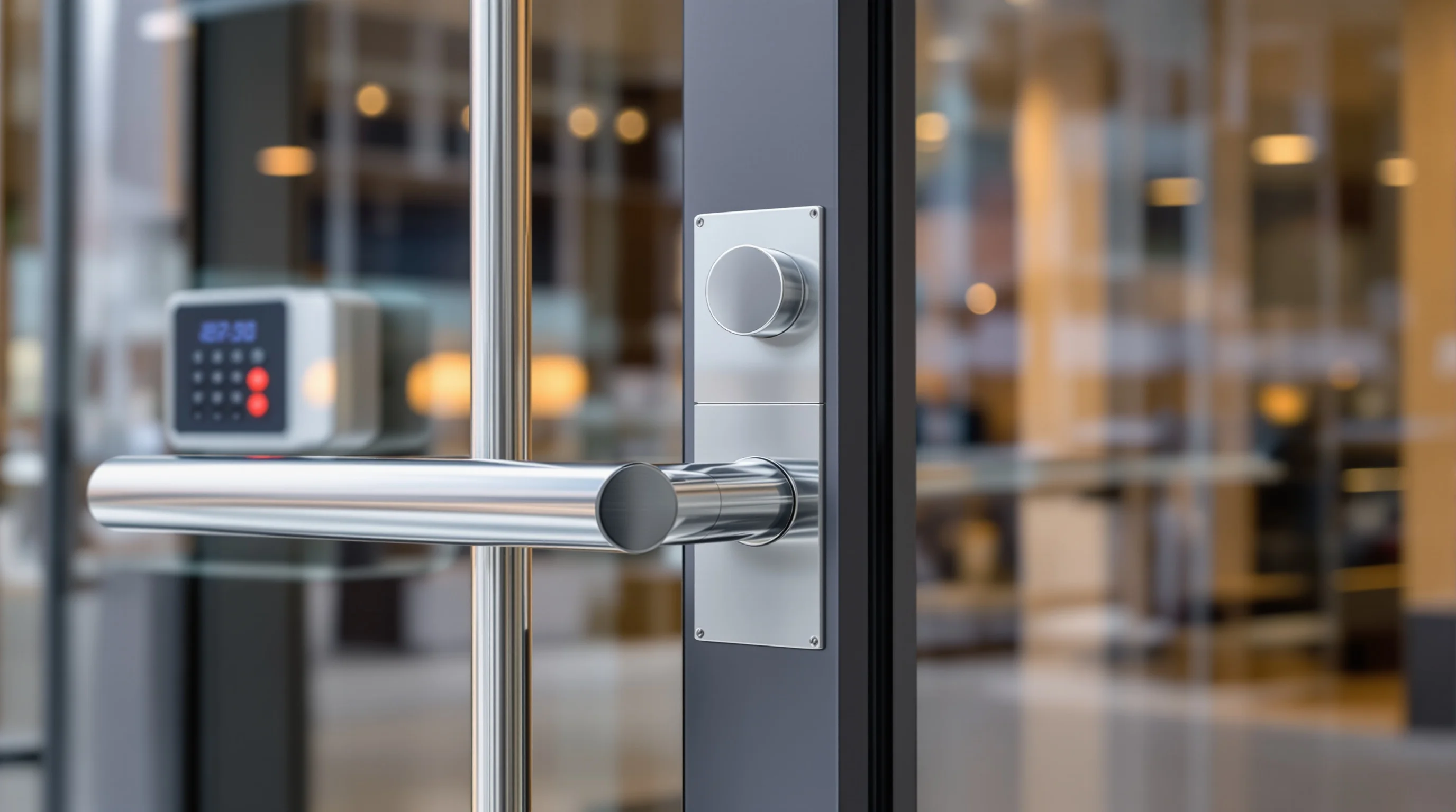 Commercial Locksmith Denver — Business Security, Access Control & Master Key Systems Commercial locksmith Denver Colorado — high security commercial door with panic bar, access control system, and heavy duty deadbolt on a modern office building entrance
